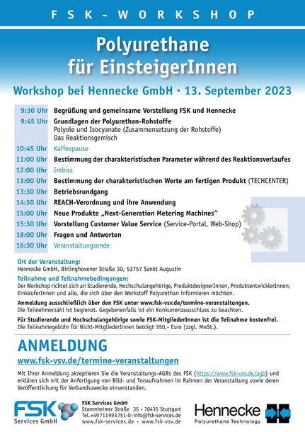 Nur noch wenige Plätze frei: FSK-Workshop Polyurethane für EinsteigerInnen bei der Hennecke GmbH am 13.09.2023 